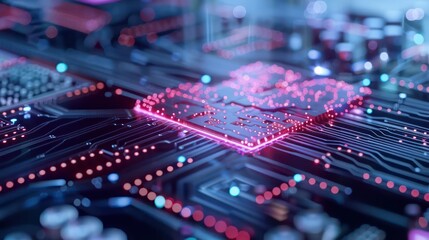 A computer chip with a red square on it. The chip is surrounded by a blue background