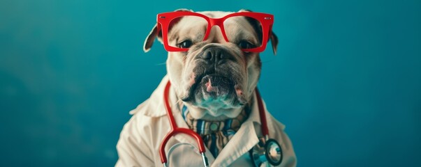 Dog dressed as a doctor with red glasses against blue background