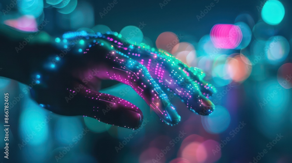 Poster a hand is shown in a blue and purple light, with the fingers spread out. the image has a futuristic 