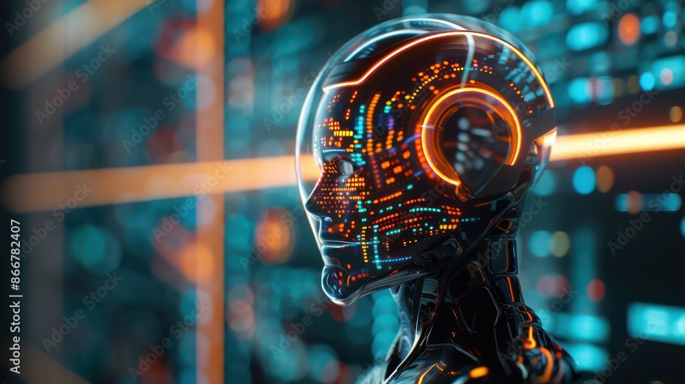 Poster A robot with a glowing head is standing in front of a wall of computer screens. The robot's head is lit up with bright colors, giving it a futuristic and technological appearance