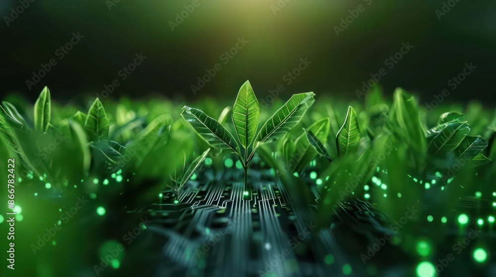 Poster a field of green plants with a single leaf in the foreground. the image has a serene and peaceful mo