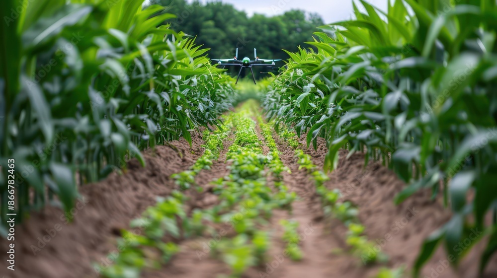 Poster a field of corn with a green tractor flying over it
