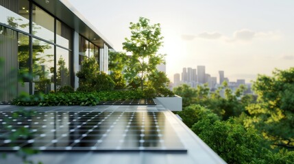 Fototapeta premium A large building with a rooftop garden and a solar panel. The rooftop garden is filled with trees and plants, and the solar panel is visible on the roof. The scene is peaceful and serene