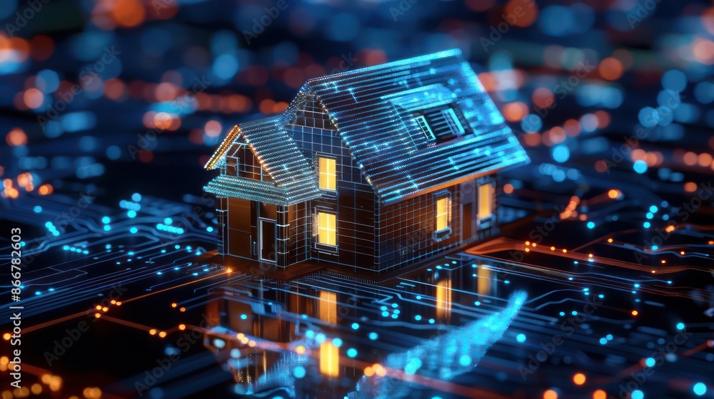 Poster A house made of wires and lights is displayed on a computer screen. The house is surrounded by a cityscape, with buildings and other structures visible in the background