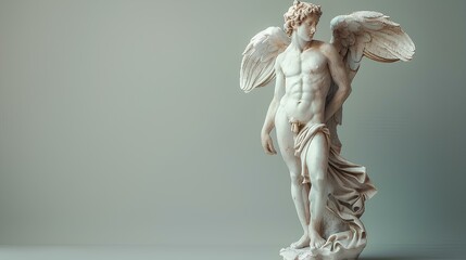 Statue of an angel isolated on neutral background. Angel marble statue. Ancient Greek statue of God Hermes with wings. Roman god Mercury depicted in Ancient Greek style. Olympian deity