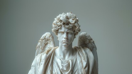 Statue of an angel isolated on neutral background. Angel marble statue. Ancient Greek statue of God Hermes with wings. Roman god Mercury depicted in Ancient Greek style. Olympian deity
