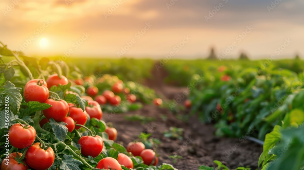 Aufkleber a field of red tomatoes with a bright sun in the background. the sun is setting, casting a warm glow