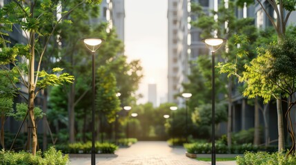 Obraz premium A city street with tall buildings and trees