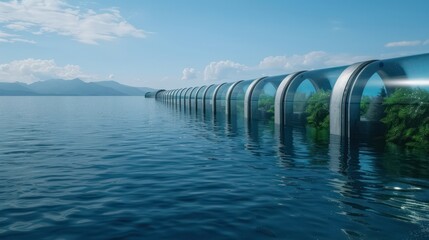 A long blue waterway with a bridge over it. The bridge is made of glass and has plants growing out of it. The water is calm and clear