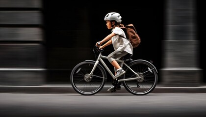 A young cyclist with a helmet and backpack riding a bicycle through an urban setting. The focus is on the motion and movement, emphasized by the blurred background.