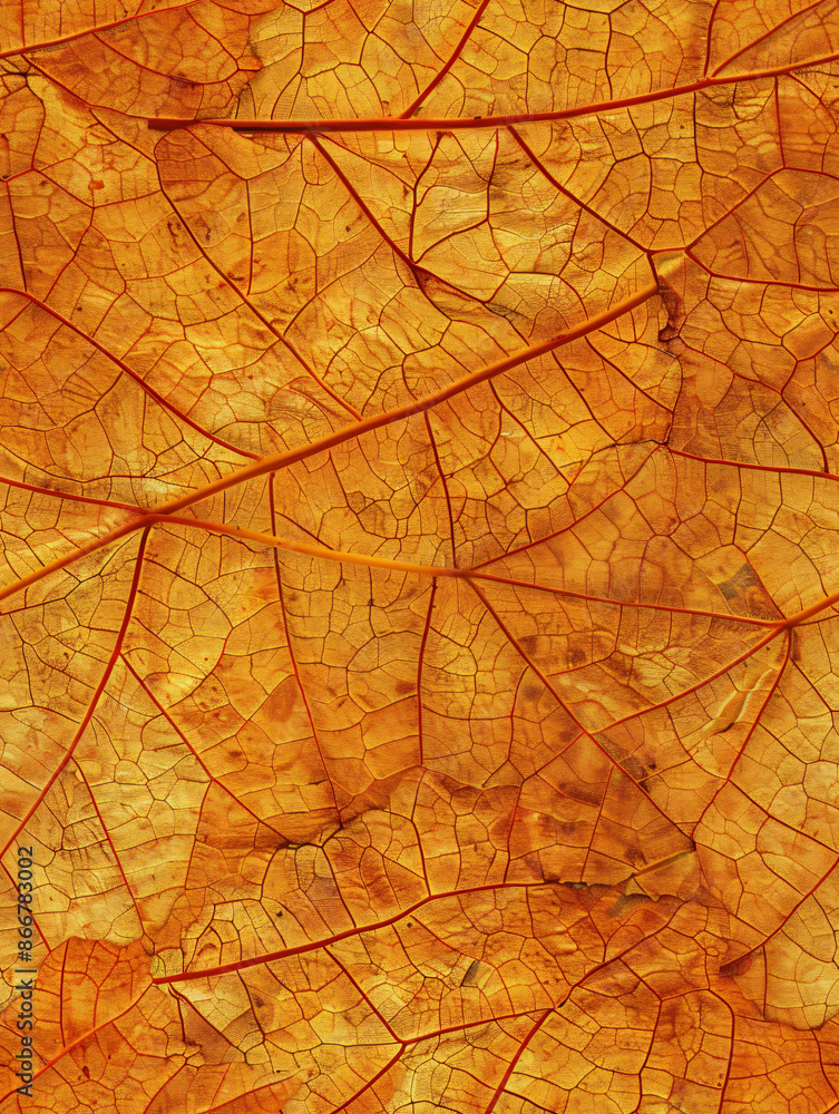 Poster intricate pattern of a dried orange leaf with veins visible as the sun shines through