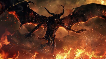 Fiery demon with large, bat-like wings, sharp horns, and a muscular build, standing amidst a blazing inferno with flames and embers all around