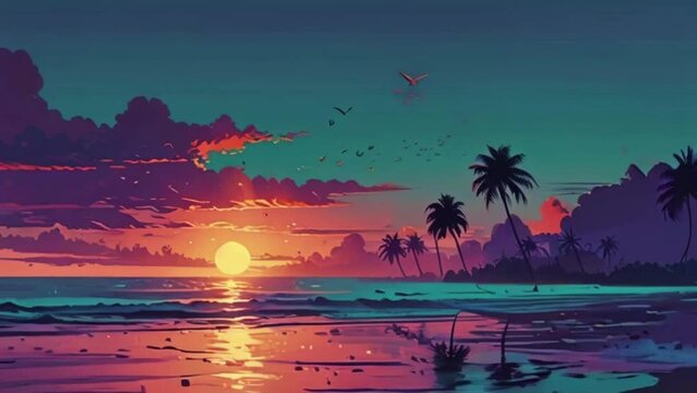 Crystal clear waters, palm trees swaying, and golden sands under a bright sun, lo-fi beat plays Music background, night love rain passion overlay zoom OBS, anime chill hip hop. 4K loop Animation
