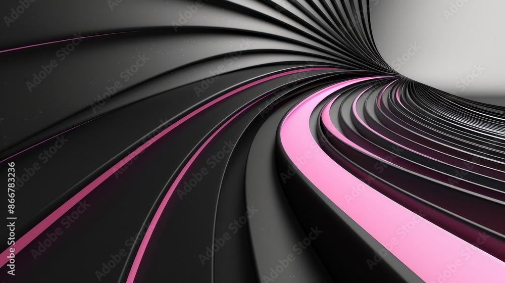 Poster abstract design with a series of curved, black, metallic strips that create a wave-like pattern