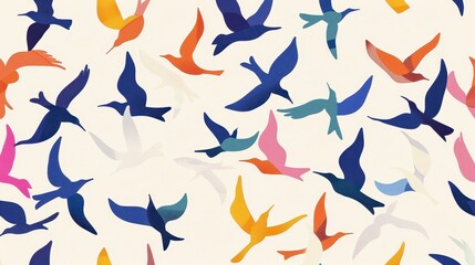 Pattern of stylized birds in flight, depicted in various colors such as blue, orange, pink, yellow, and purple, set against a light beige background