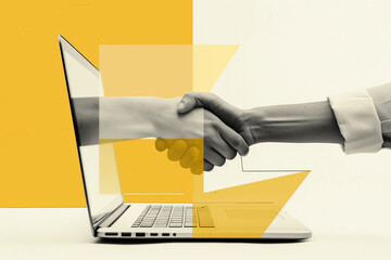 An illustration depicting a business handshake. The concept of an online deal or business transaction. Hands reaching out to each other from laptop screens.
