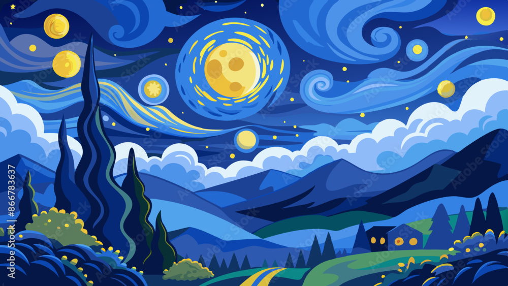 Poster night landscape with moon