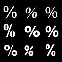 Percentage symbol set. White icons on black. Vector financial design. Simple bold style.