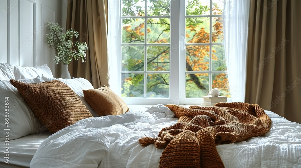 Aufkleber a bed covered by a blanket sits in front of a window showing tree views outside