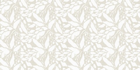Seamless french gender neutral floral linen printed fabric border background. Light mottled white on grey cottage core block print pattern. Shabby chic woven duotone cloth effect. 