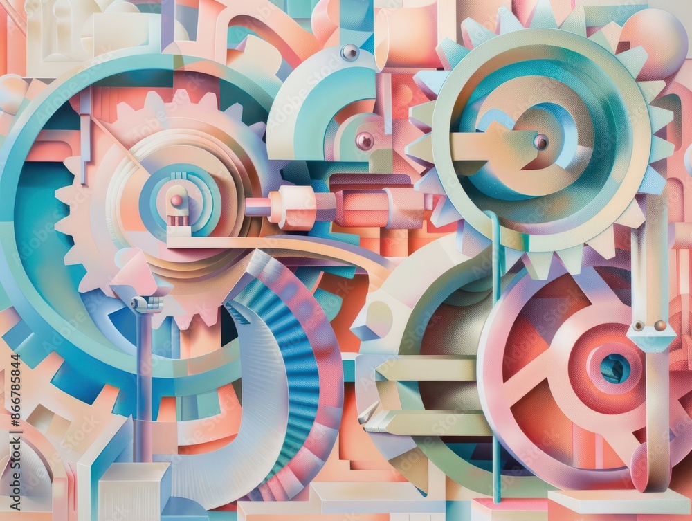 Poster abstract concept of evolving technology, abstract mechanical elements transforming in pastel colors