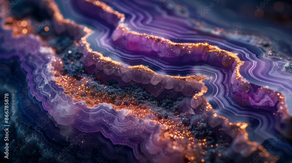 Poster abstract background showing a closeup of purple agate with sparkling golden veins, creating a mesmer