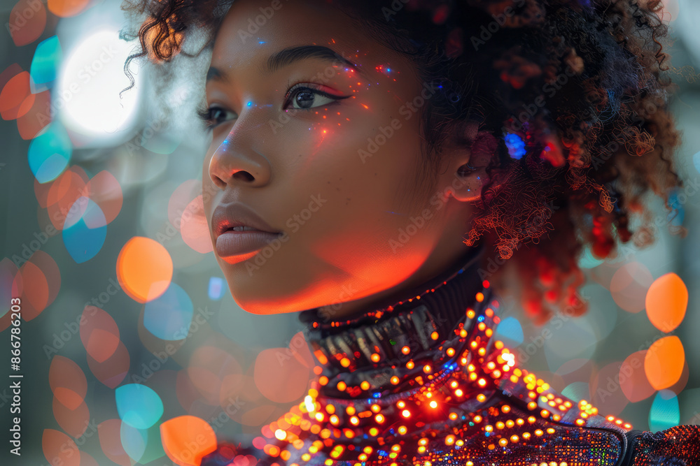 Poster model displaying a high-tech bodysuit with color-changing properties, highlighted by the bright runw