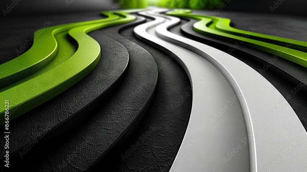 Poster a black-and-white image featuring a curve of white and green lines on the surface and a green light 