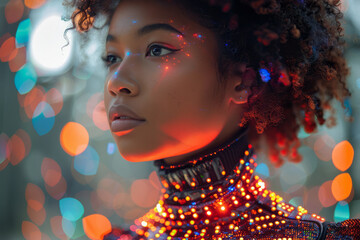 Fototapeta premium Model displaying a high-tech bodysuit with color-changing properties, highlighted by the bright runway lights,