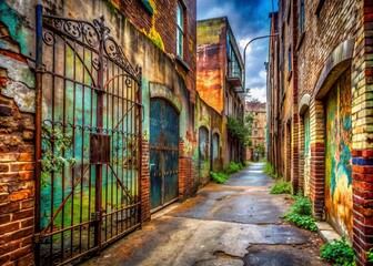 Obraz premium Weathered concrete sidewalk meets vibrant street art, blending rusty metal gates, distressed brick walls, and fractured asphalt in a kaleidoscope of urban decay.
