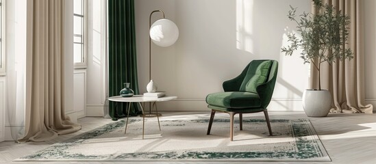 Interior design featuring a white backdrop with accents in kale green on a chair, rug, and table.