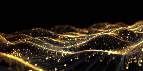 Abstract background with glowing dots and waves of gold on black. Big data visualization, digital wave, futuristic design element. Abstract pattern made from lines in perspective view.