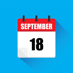 Fototapeta premium September calendar icon. Date number eighteen. Red and white design. Blue background shadow.
