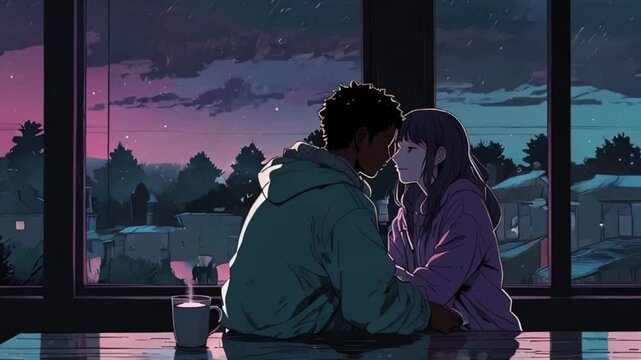 Lofi couple in night full moon, glow love beach waves anime chill hip hop. Cyan purple colours manga style Japanese anime-style 4k lofi hip-hop bites landscape music background animation video