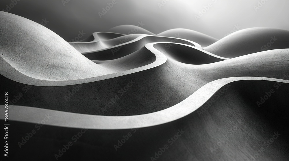 Poster a monochrome image depicts undulating patterns on a reflective surface, with illumination originatin