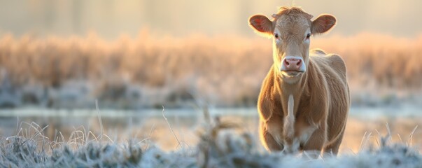 An early morning frost covers the field as a golden brown cow looks calmly forward in soft sunlight