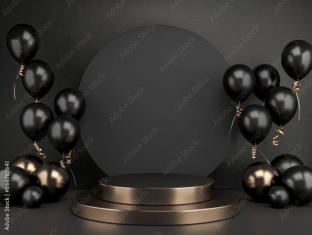Poster black friday banner background template with a podium and balloons on a dark scene for product stand