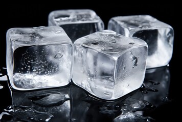 Ice cubes on black background. Close-up. Selective focus.