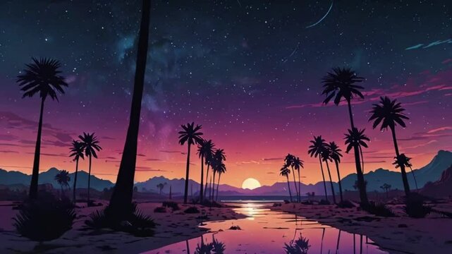 Crystal clear waters, palm trees swaying, and golden sands under a bright sun, lo-fi beat plays Music background, night love rain passion overlay zoom OBS, anime chill hip hop. 4K loop Animation