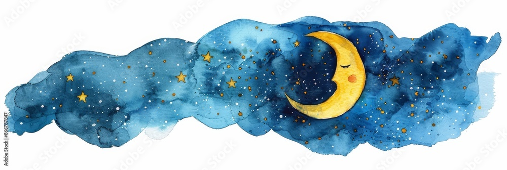 Sticker Enchanting Smiling Crescent Moon Surrounded by Twinkling Stars in a Serene Watercolor Night Sky Background. Dreamy and Whimsical Celestial Landscape.