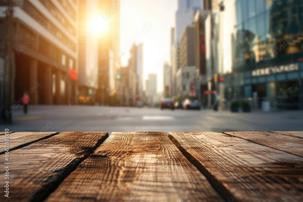 Poster the close up picture of empty table has made from the wood material and placed inside metropolis, th