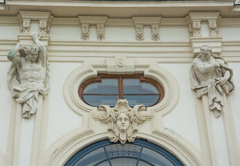 Sculptures and Bas-relief at the entrance to the Belvedere palace complex, a landmark of the Austrian capital.