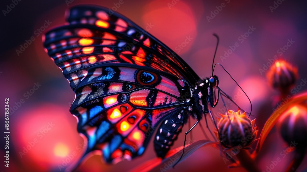 Poster   Close-up of a butterfly on a flower with hazy lights behind it and a hazy background