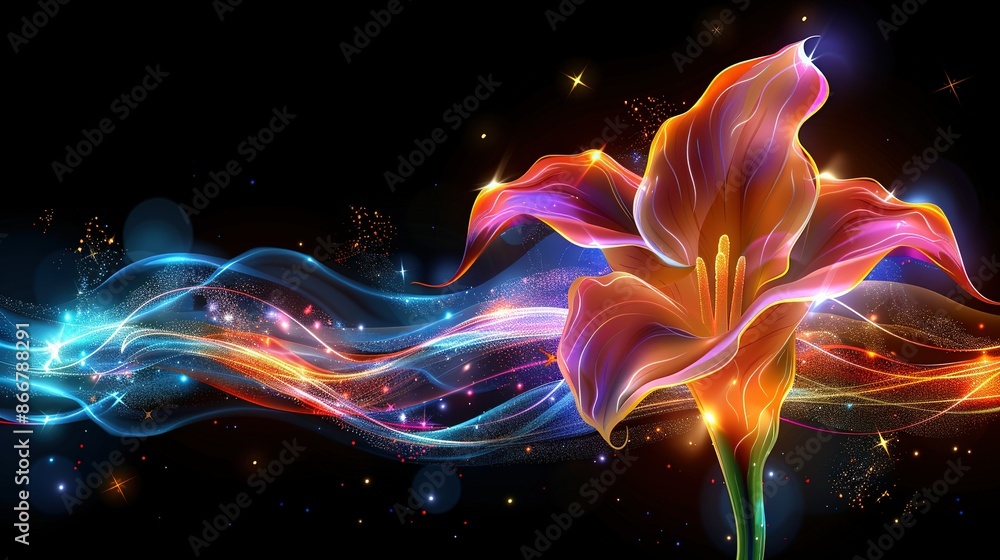 Poster a vivid bloom on a dark canvas with radiant rays emanating from the petal's core