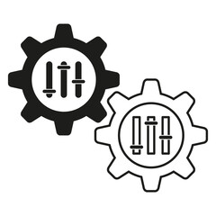 Settings adjustment icon. Gears in sync. Vector mechanical parts. Black outline style.