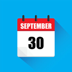 September 30 calendar. Red and white page. Flat vector icon. Blue background.