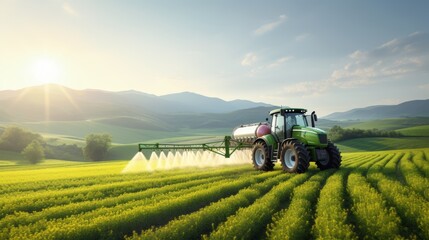 Fototapeta premium Tractor spraying pesticides with sprayer on wheat field during the spring season
