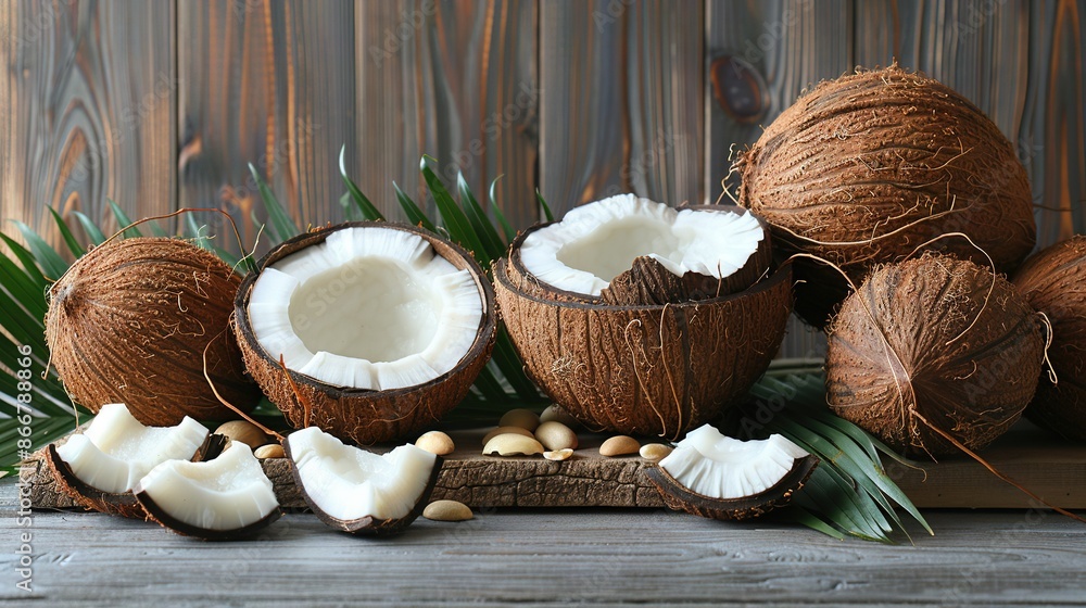 Poster a pile of coconuts sits atop a wooden table, alongside another pile of coconuts on the same table