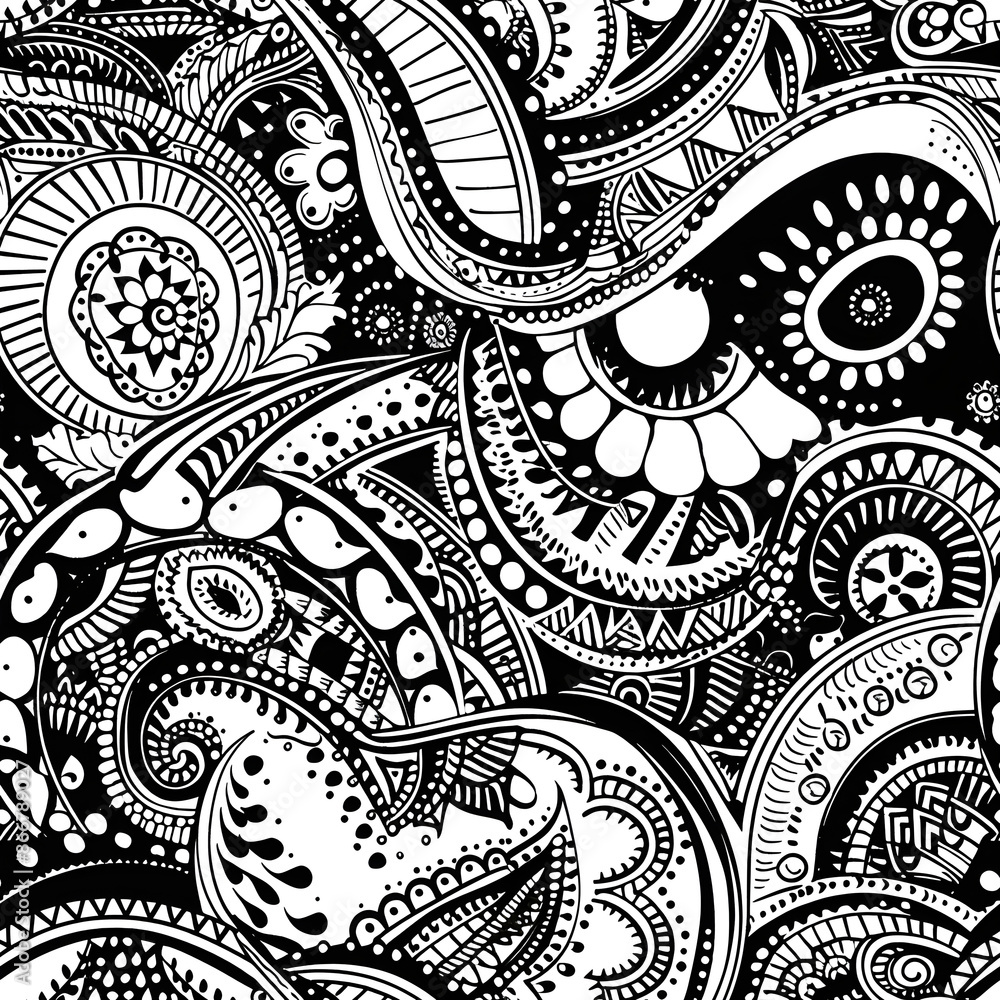 Aufkleber creating a black and white floral motif seamless pattern