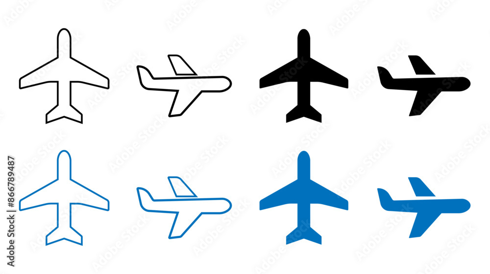 Poster plane solid web icon set with editable stroke. flight transport symbol. vector illustration.